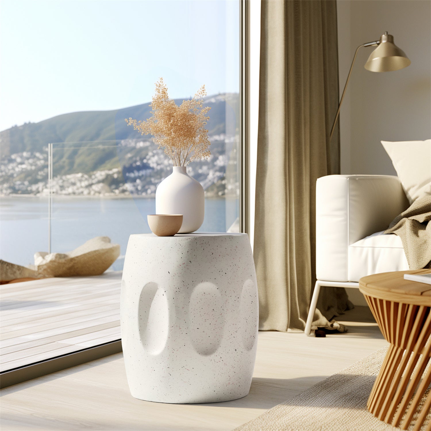 Mesa auxiliar Wisfor de hormigón, moderna y ligera, de 34 x 46 cm, redonda, color blanco roto