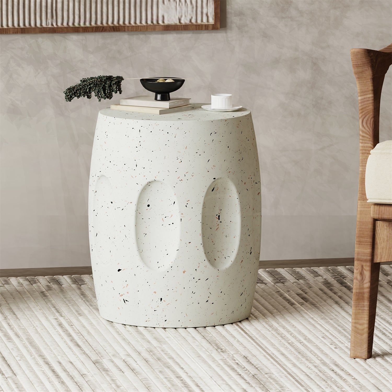 Mesa auxiliar Wisfor de hormigón, moderna y ligera, de 34 x 46 cm, redonda, color blanco roto