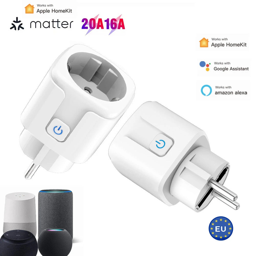 Matter WiFi Smart 16A/20A Plug EU Smart Socket Power Outlet Home Appliance for HomeKit SmartThings Works with Siri Alexa