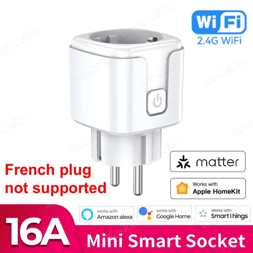 Matter WiFi Smart 16A/20A Plug EU Smart Socket Power Outlet Home Appliance for HomeKit SmartThings Works with Siri Alexa