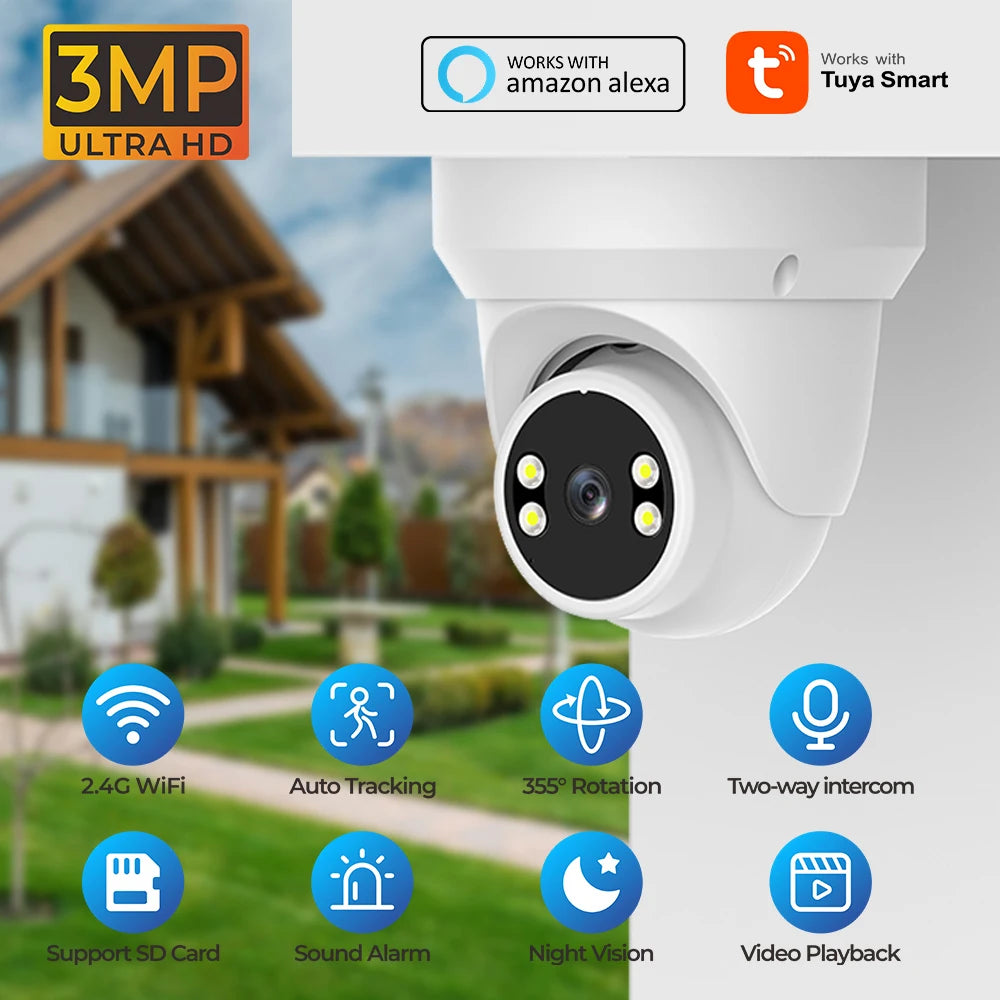 Tuya Smart  Security Camera 3MP HD Indoor Infrared Night Vision IP Cam Person/Vehicle Detection Home Dome Surveillance Camera
