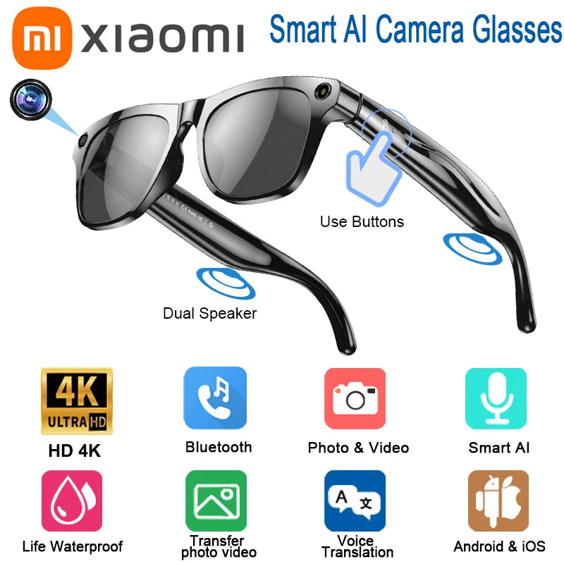 Xiaomi 4k Hd Ai Smart Glasses Camera Wearable Mini Camera Bluetooth Call Voice Assistant Control Smart Sports Camera Glasses