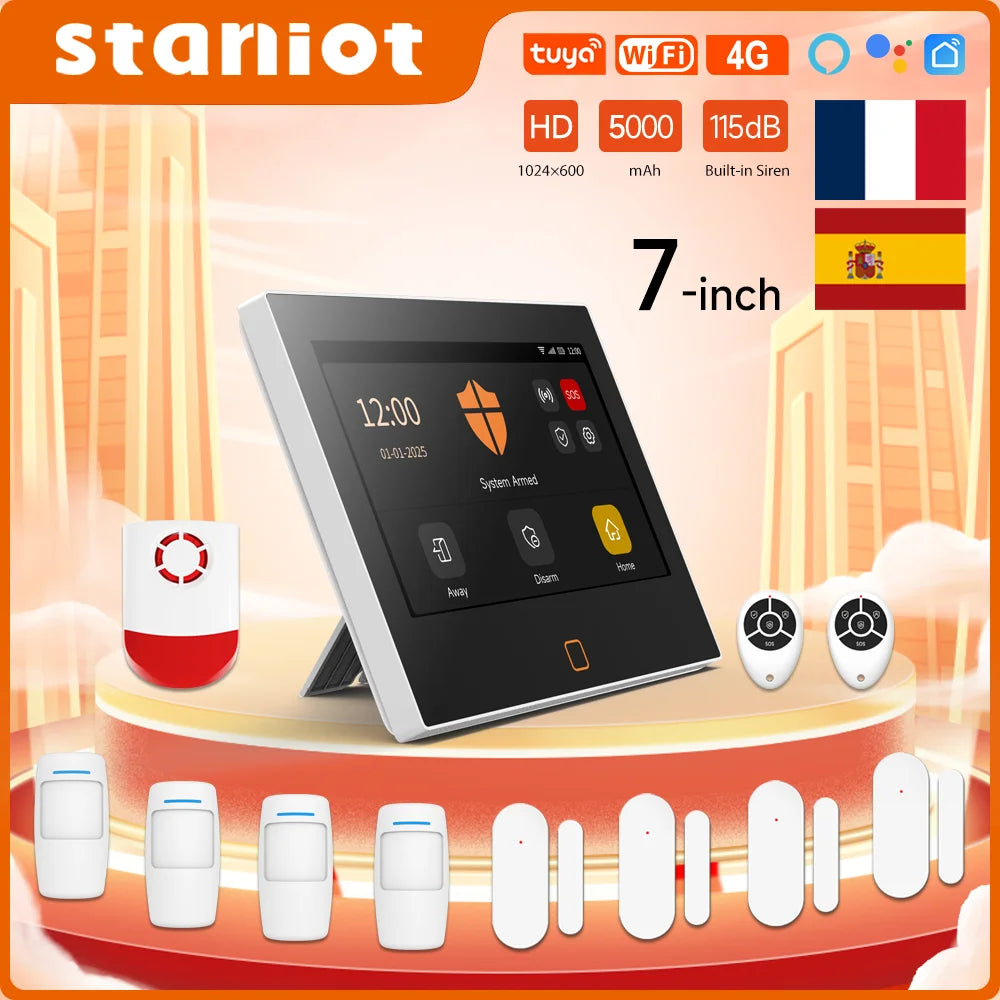 Staniot Kit Alarma Hogar 7″ – Sistema Inteligente Tuya WiFi + 4G, Sirena 115 dB, Batería 5000 mAh, Soporta 8 Zonas Cableadas